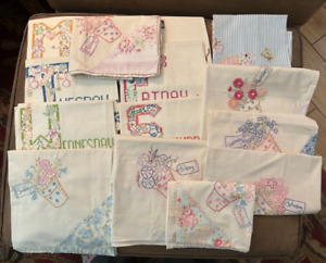 Lot 14 Vintage Cotton Embroidered Tea Towels-Days of the Week, Shabby Chic