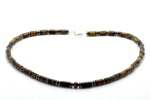 Collar de cuentas para hombre ojo de tigre ónix hematita plata esterlina 925 broche hecho a mano - Imagen 1 de 12
