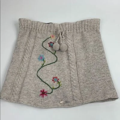 Everest Gray Tan Wool Skirt Floral Embroidery Pompom tassel Drawstring Large - Image 1 of 4