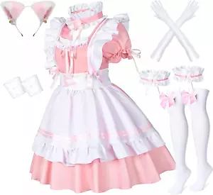 Anime French Maid Apron Lolita Fancy Dress Cosplay Costume Furry Cat Ear Gloves - Picture 1 of 12