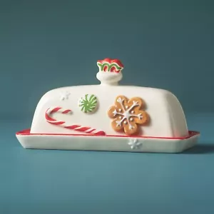Anthropologie Holifaye Ceramic Stoneware Butter Dish Holiday Christmas Ivory Red - Picture 1 of 8