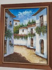 Oil Painting Spanish Village Scene Framed Original Vintage Architecture Signed