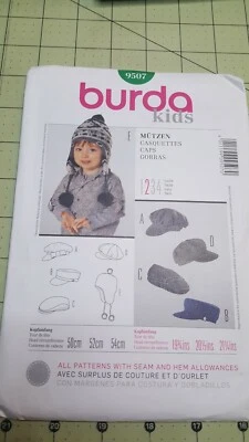 Burda Kids Pattern 9507 Hats Caps Winter 5 Styles Sizes 19 3/4-21 1/4" UNCUT - Image 1 of 4