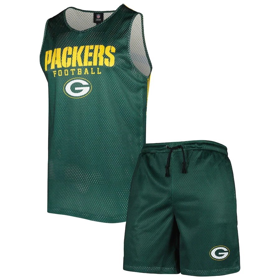 Conjunto de camiseta y pantalones cortos de malla sin mangas con cuello en V bloques de colores de Green Bay Packers NFL Foto 1 de 1