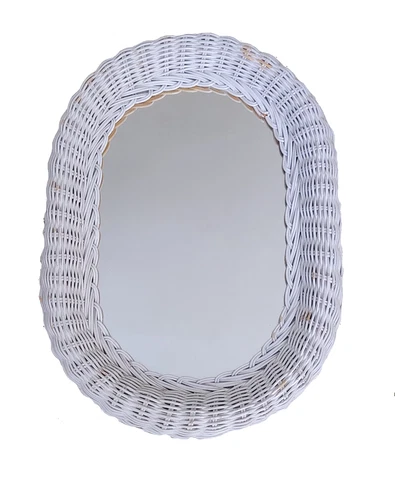Vintage White Wicker Rattan Oval Mirror 21”x15” Boho Wall Mirror Cover