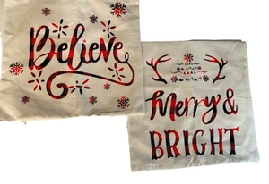 2 PK Christmas Pillow Covers 18x18” Believe, Merry & Bright, Christmas Theme - Picture 1 of 5