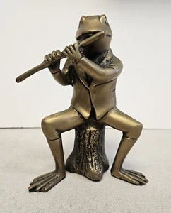 Vintage Large Heavy Brass FROG PLAYING FLUTE Band Figurine Statue MADE IN INDIA - Picture 1 of 6