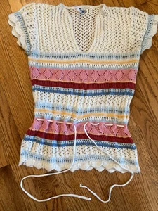 60s-70s Womens True Vintage Cap Sleeve Knit Top Large Hippie Boho Free People - Picture 1 of 16