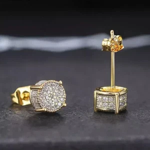 Stud Earrings Yellow Gold Plated With Moissanite Hip Hop Jewelry Men Women - Picture 1 of 2