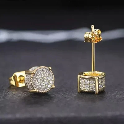 Stud Earrings Yellow Gold Plated With Moissanite Hip Hop Jewelry Men Women - Image 1 of 2