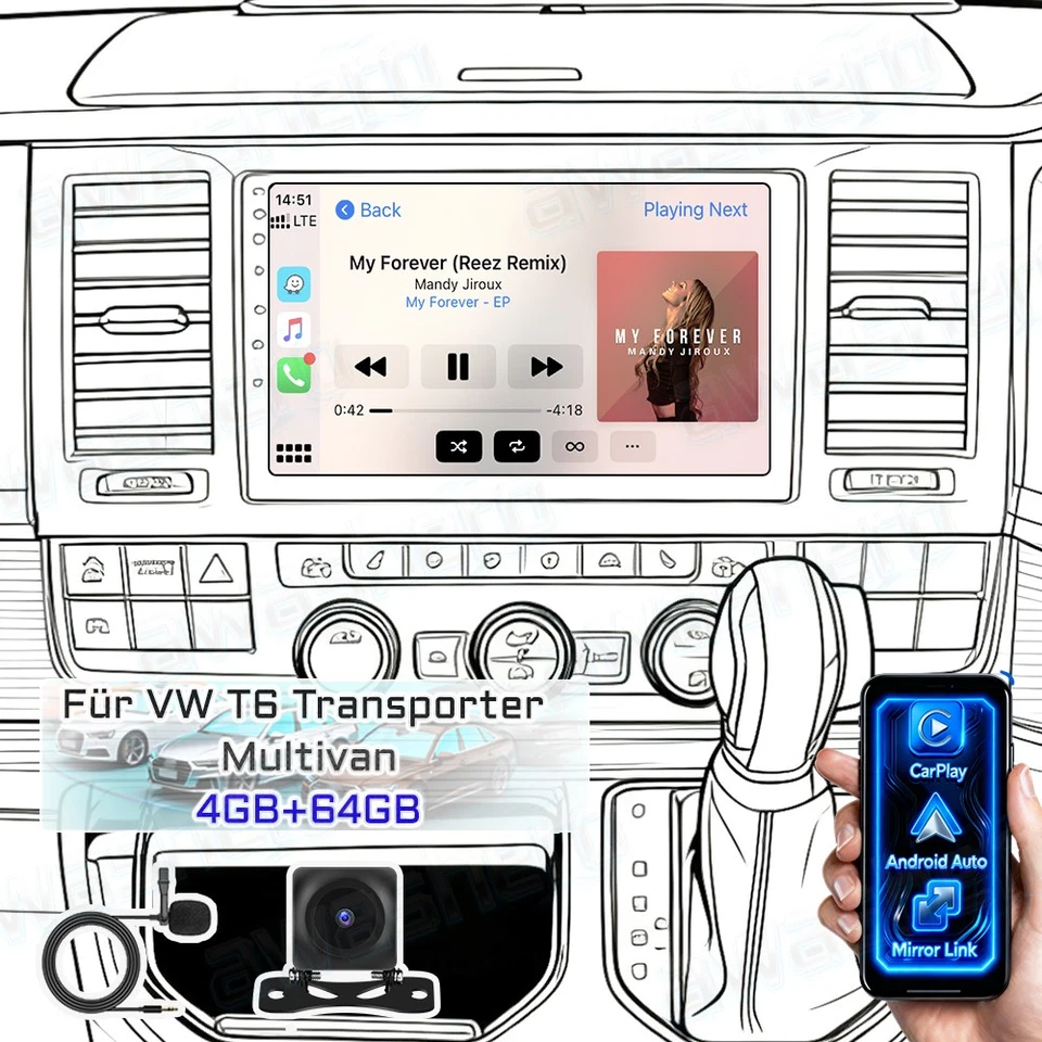 4+64GB Android15 Autoradio Navi Kamera Für VW T6 Transporter Multivan 16-21 +KAM - Bild 1 von 4