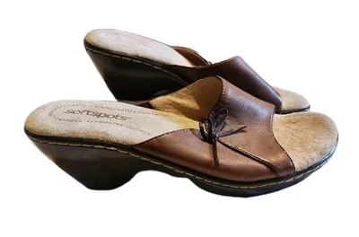 Softspots Leather Sandals Womens 7.5 M Open Toe Slide Wedge Brown  - Image 1 of 4