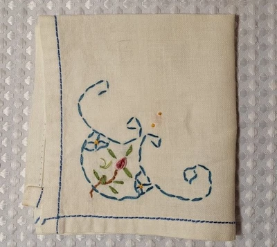 Vintage Linen White Handkerchief Embroidered Blue Pink Flower Floral Hanky - Image 1 of 4