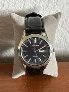 Seiko Solar Watch Men 37mm Black Dial V158-0AB0 Leather Band - Picture 1 of 1