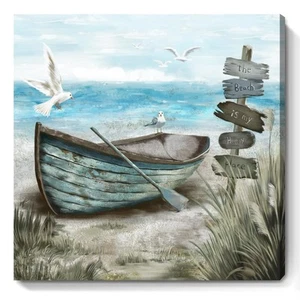 Bathroom Wall Art Coastal Décor Nautical Boat on Beach Canvas Picture Ocean S... - Picture 1 of 7