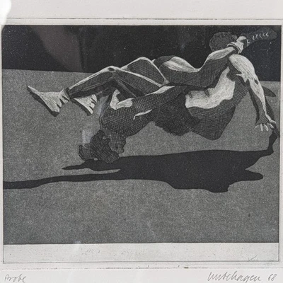 21,5 x 18,5 cm - Niels Unbehagen (1940-) Probe Radierung 'Sportler' - sign. 1968 - Bild 1 von 3