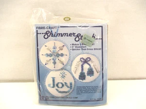 Vtg Holiday Cross Stitch Kit Fibre-Craft Shimmer Ornaments Blue White Beads NEW - Picture 1 of 10
