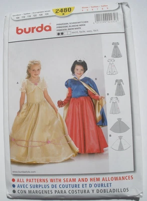 Burda 2480 Girls child's costume Belle Snow White gowns capes sz 4-9 Uncut - Image 1 of 2