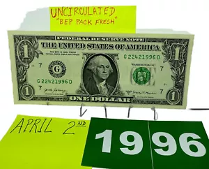 One Dollar Birthday Note April 2 1996.Uncirculated. Fancy Serial Number - Picture 1 of 9