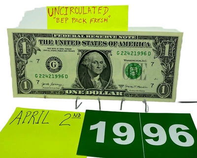 One Dollar Birthday Note April 2 1996.Uncirculated. Fancy Serial Number - Image 1 of 4