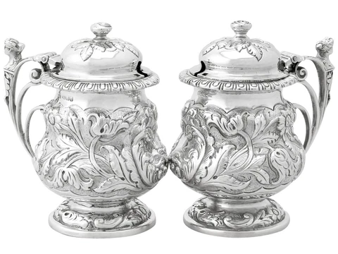 Antique George V, Pair of Sterling Silver Mustard Pots Cover
