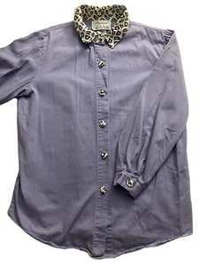 Blusa vintage Delta Burke púrpura estampado animal cuello abotonado para mujer talla L” - Imagen 1 de 8