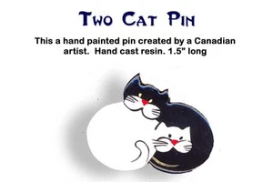 Handpainted Whimsical Handpainted Black Cat.... White Cat Pin - Picture 1 of 1