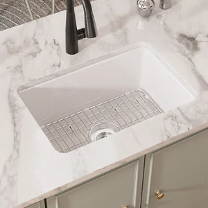 Eridanus 27" Drop-in / Undermount Fireclay White Kitchen Sink w/ Grid & Strainer - Picture 1 of 19
