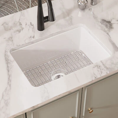 Eridanus 27" Drop-in / Undermount Fireclay White Kitchen Sink w/ Grid & Strainer