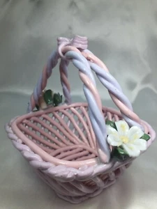 Open Weave Lattice Basket With Flowers on Each End of Handles Pink & Lavender - Picture 1 of 10