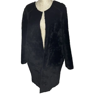 Buffalo Black W sz Large Faux Fur Long Open Jacket Coat Oversized w Pockets - Picture 1 of 11