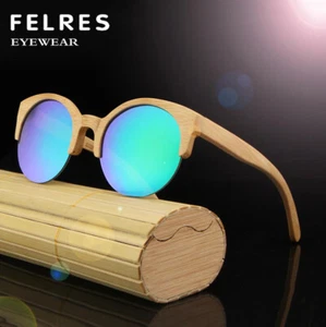 Men Women Bamboo Wood Polarized Round Sunglasses Wooden Frame Retro Glasses New - Picture 1 of 35