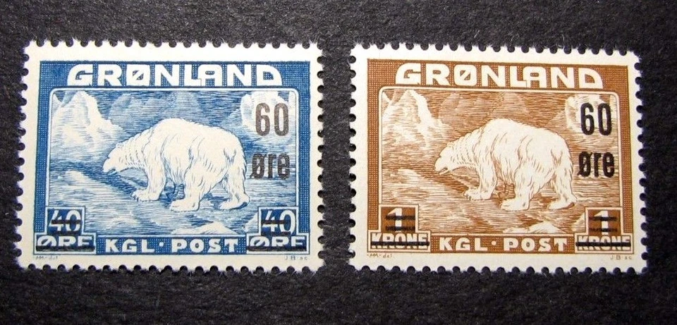 Greenland  Stamp Scott#  39-40 Surcharged Bears 1956  MH  C385 - Image 1 of 2