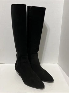 Stunning Aquatalia Ricarda 6.5 Black Suede Tall Dress Boots Stacked Block Heel - Picture 1 of 10