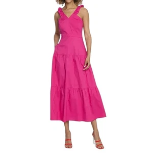 Maggy London Women's Sleeveless Flutter-Strap Long Tiered Midi Dress Pink 14 - Picture 1 of 12
