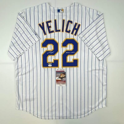 Autographed/Signed Christian Yelich Brew Crew Brewers Pinstripe Jersey JSA COA - Image 1 of 4