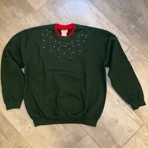 Vintage Top Stitch by Morning Sun Holiday Green Sweatshirt L Stars Embellished - Picture 1 of 4