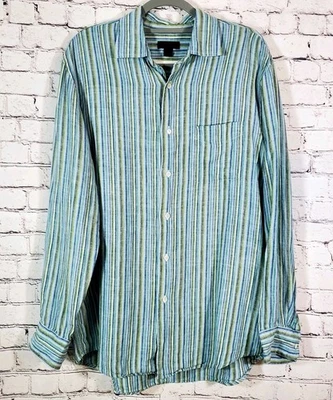 Express Button Up Striped Shirt Green Blue Charcoal Gray Men's Size L Office  - Image 1 of 4