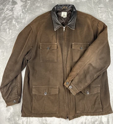 Vintage Gap Jacket Dark Brown Mens LARGE Cotton Leather Collar Full Zip Car Coat - Image 1 of 4