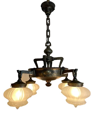 antique Arts & Crafts, hammered solid brass fixture - Image 1 of 4