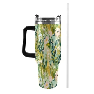 Green Floral Pattern 40oz Tumbler Cup Insulated Travel Mug with Straw Gift - Picture 1 of 6