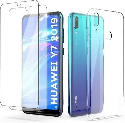 COVER CUSTODIA + PELLICOLA VETRO PER HUAWEI Y6 / Y7 2019 SILICONE TRASPARENTE - Immagine 1 di 4