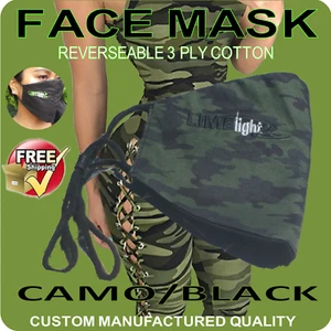 CAMO FACE MASK 3 PLY COTTON REVERSIBLE BLACK WASHABLE UNISEX EMBROIDER LOGO - Picture 1 of 8