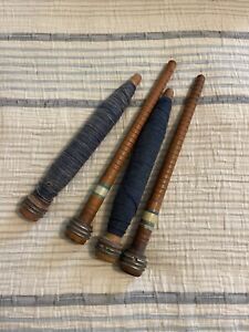 Antique Vintage Lot of 4 Wooden Textile Mill Thread Bobbins Spools 2 With Thread