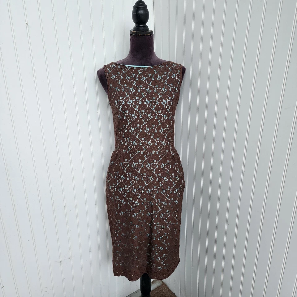 Isaac Mizrahi Womens Lace Aqua Blue Brown Floral Lace Sheath Dress Sleeveless XS - Image 1 of 4