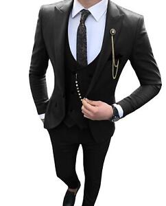 2022 Men's Suit Slim 3 Pieces Grey Prom Dress Suit+Vest+Pants Hot Top