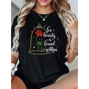 Women's Casual Rose Print Loose T-shirt - Comfortable Round Neck Short Sleeved - Picture 1 of 12