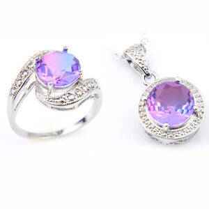 2 pcs 1 Lot Purple Bi-Colored Tourmaline Gemstone Silver Pendant Ring Size 7 8 9
