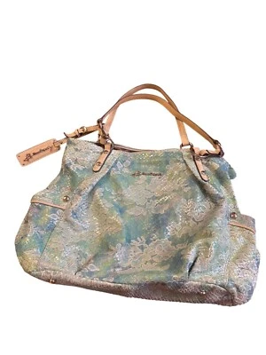 Bolsa de mão feminina B. Makowsky verde floral clutch com alças bronzeadas 12x14 - Imagem 1 de 4