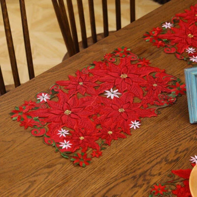 Set of 6 Christmas Poinsettia Embroidery Cutwork Lace Placemats Dining Table Mat - Image 1 of 4